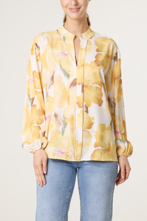 Floral Print Grandad Collar Blouse