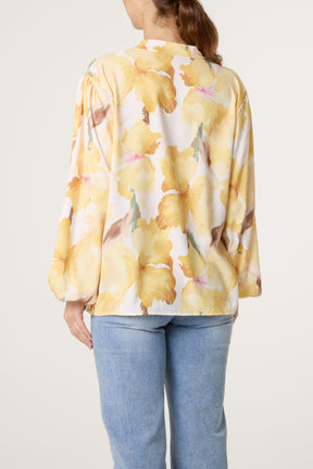 Floral Print Grandad Collar Blouse