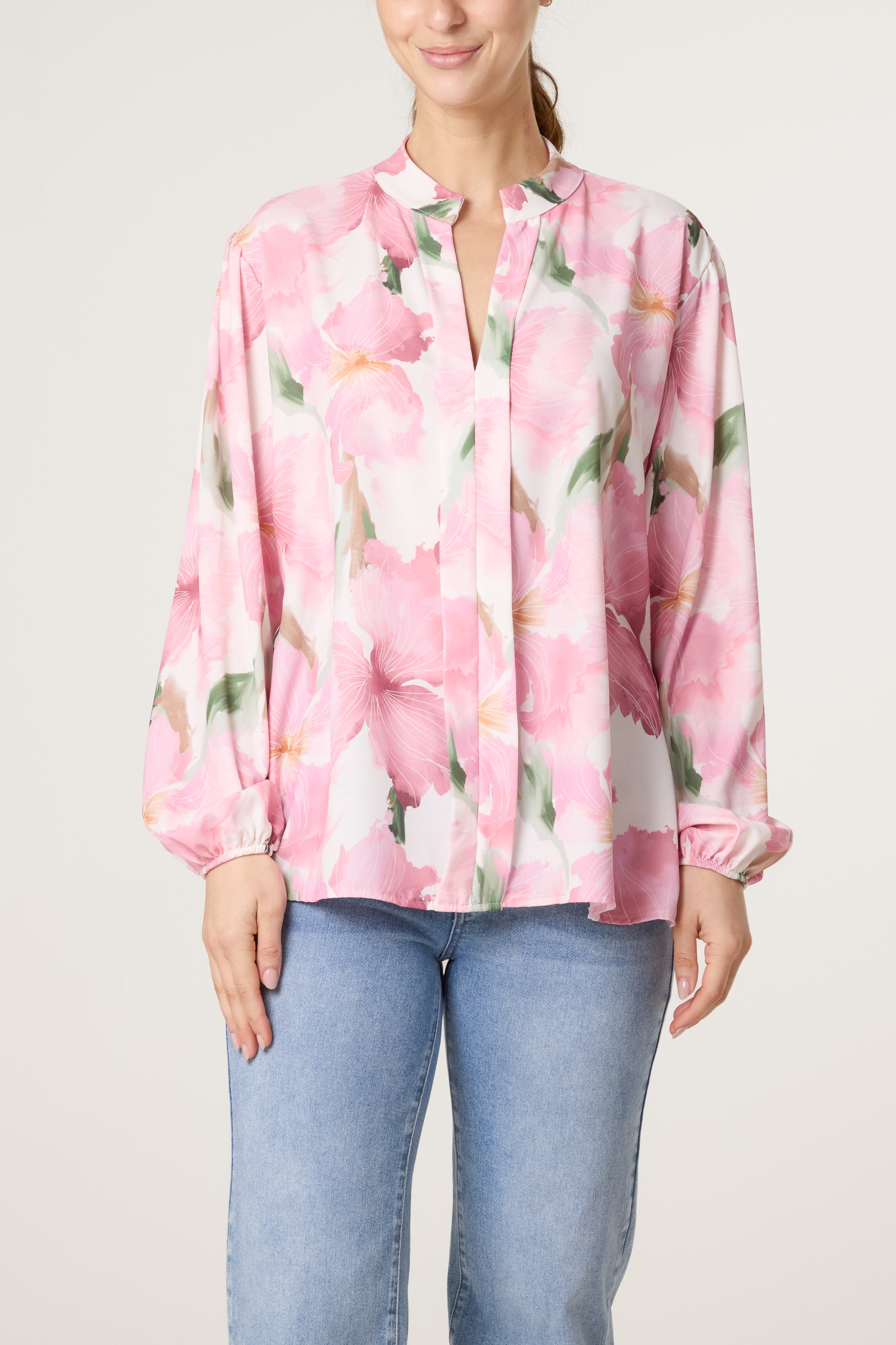 Floral Print Grandad Collar Blouse