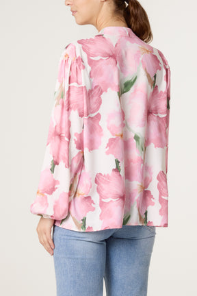 Floral Print Grandad Collar Blouse