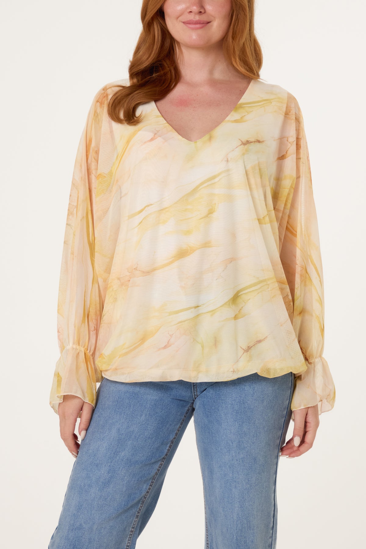 Double V-Neck Mesh Blouse