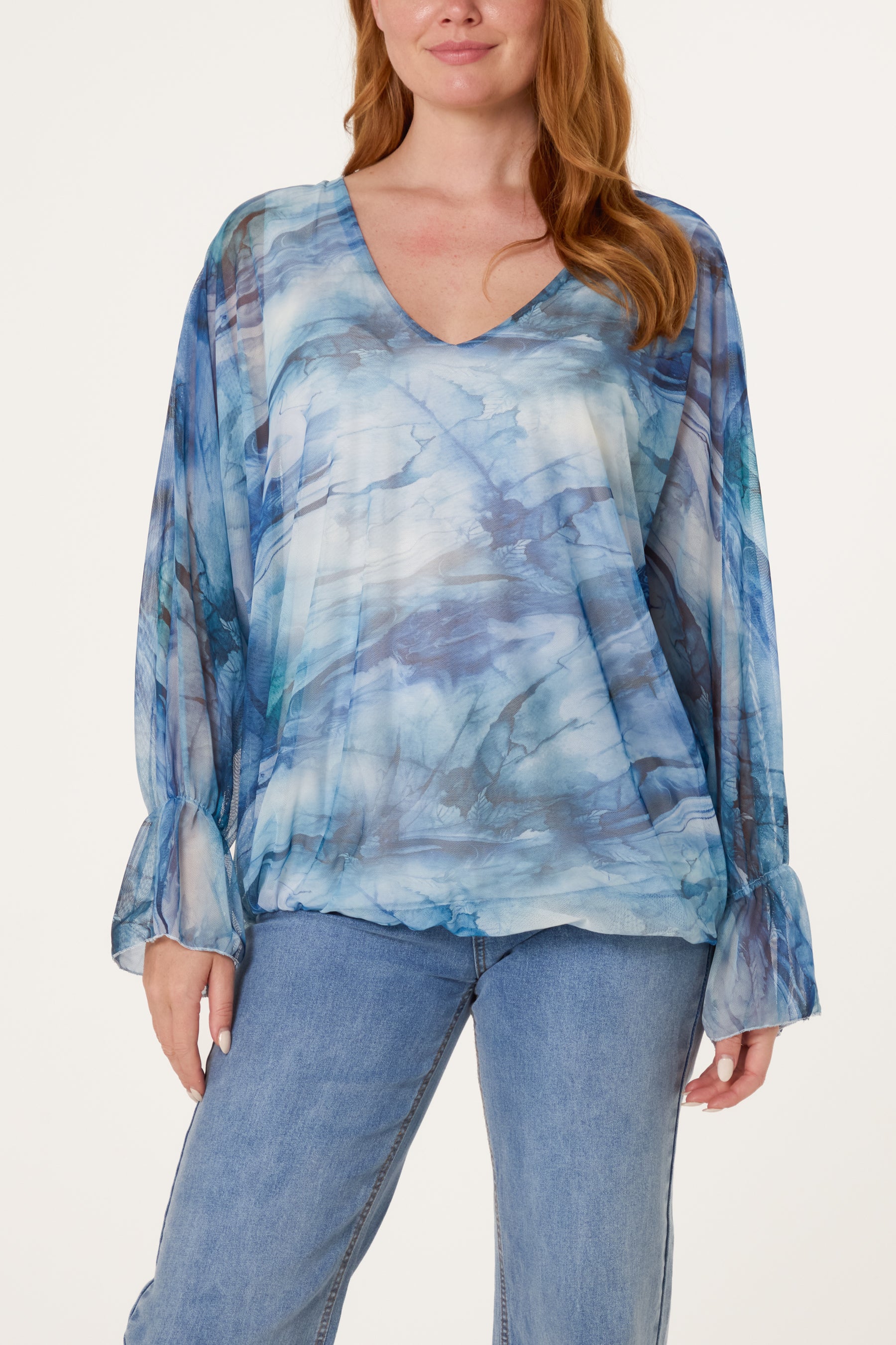 Double V-Neck Mesh Blouse