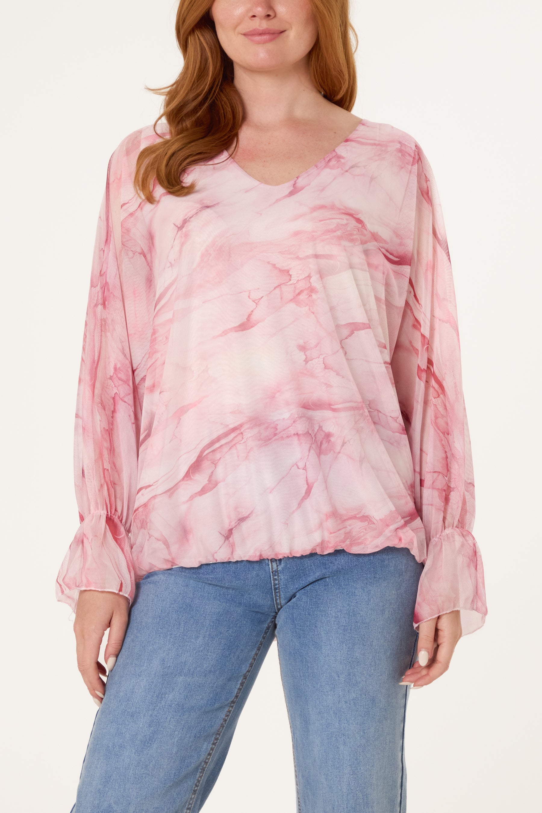 Double V-Neck Mesh Blouse