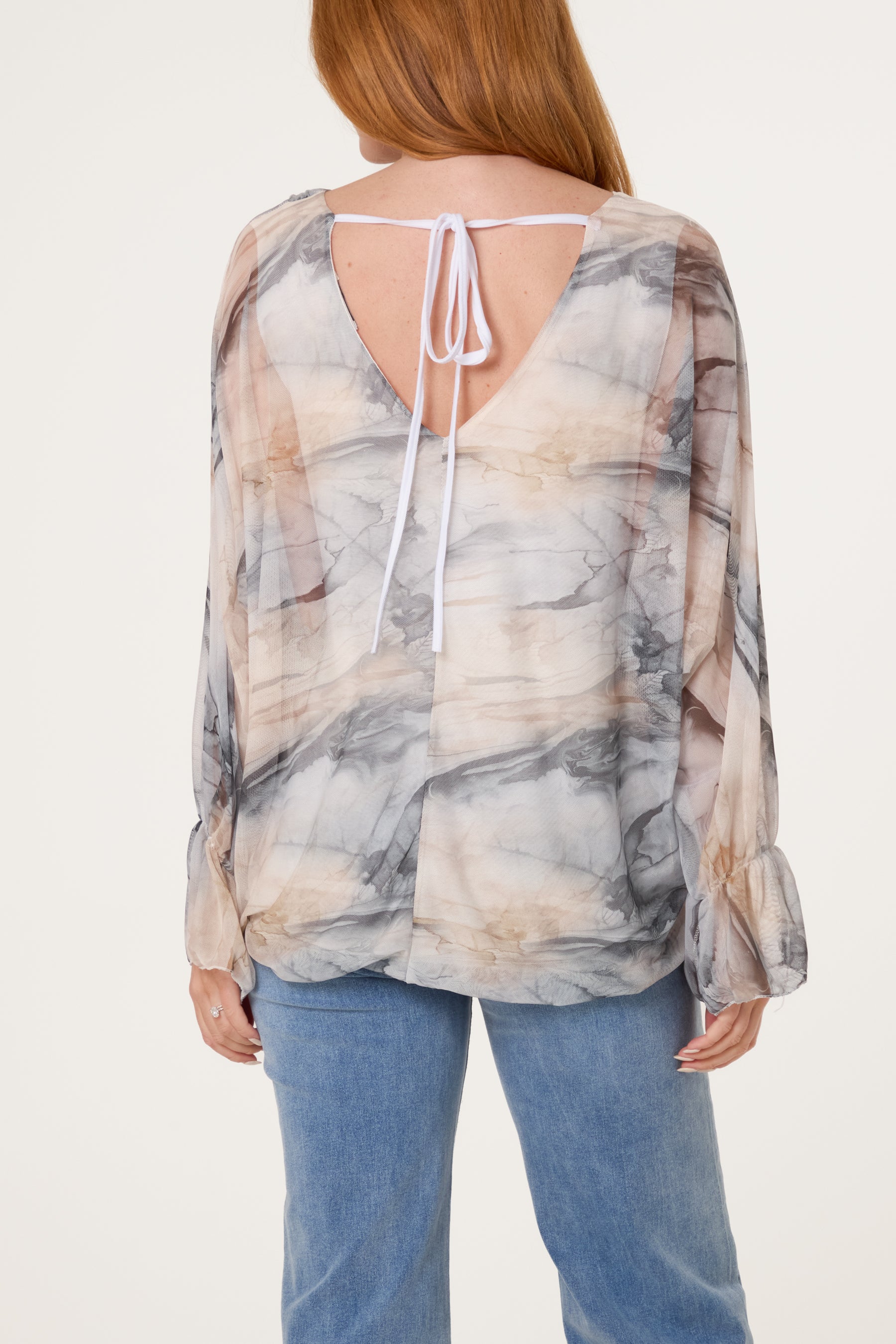 Double V-Neck Mesh Blouse