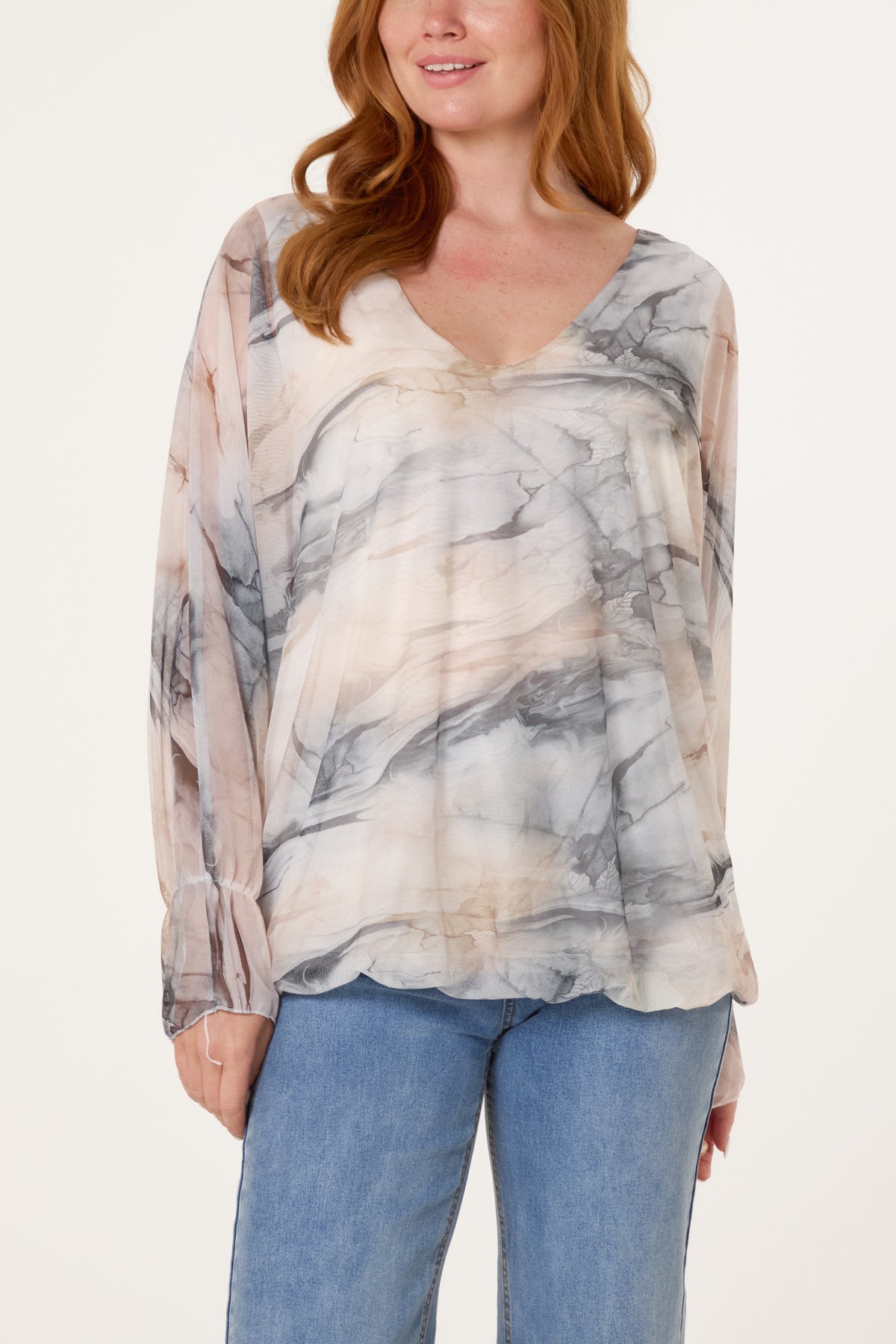 Double V-Neck Mesh Blouse