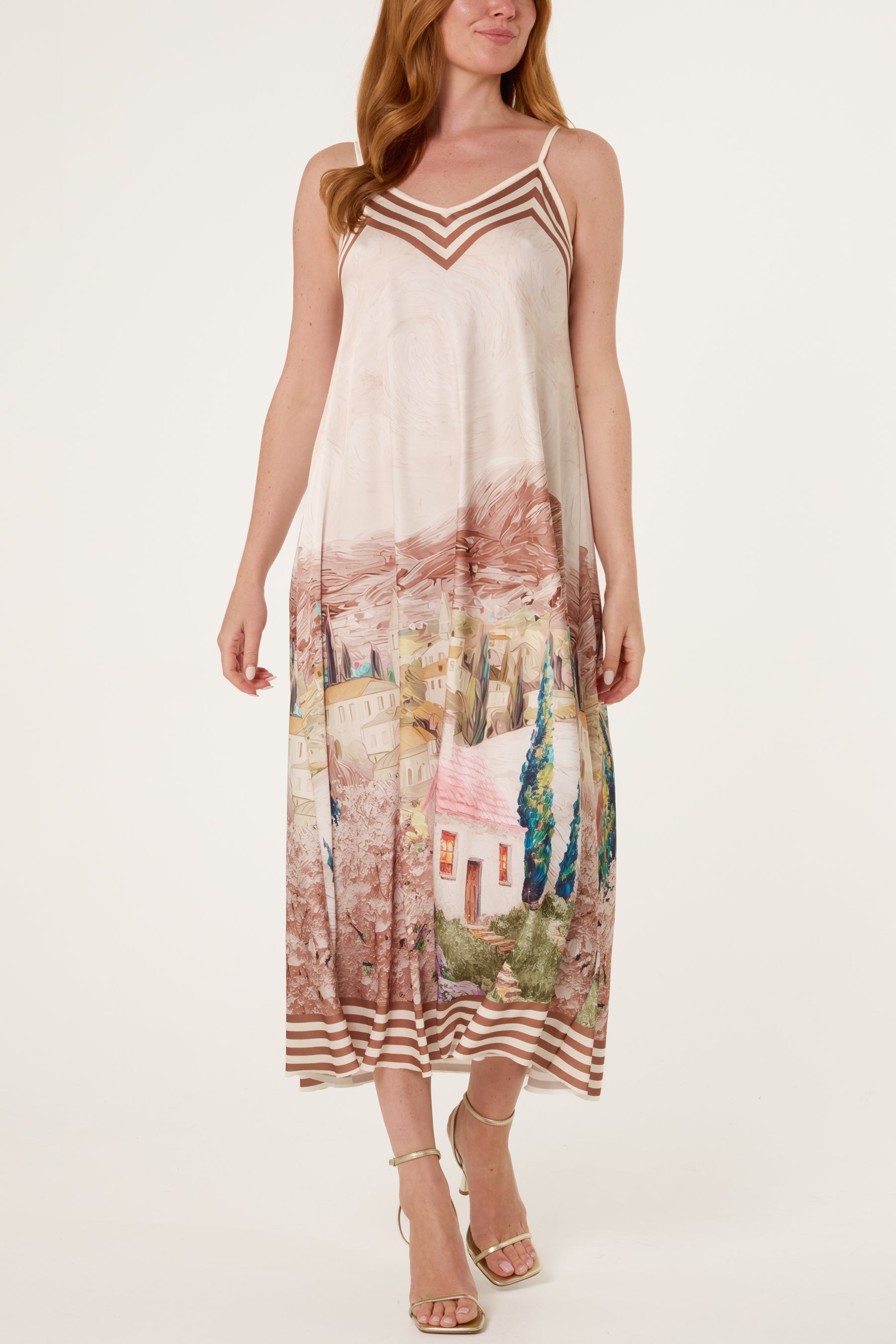 Landscape Print Satin Cami Dress