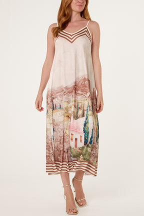 Landscape Print Satin Cami Dress
