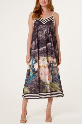 Landscape Print Satin Cami Dress