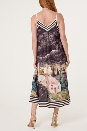 Landscape Print Satin Cami Dress