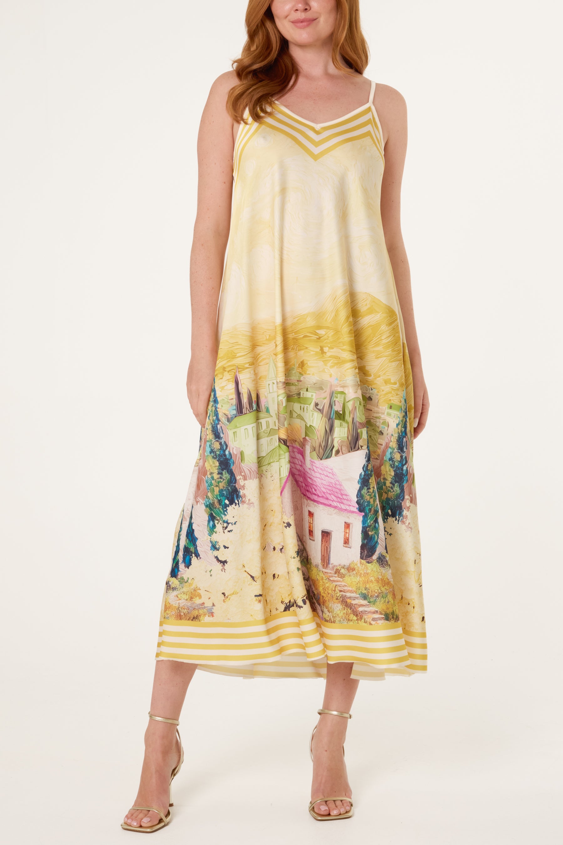 Landscape Print Satin Cami Dress