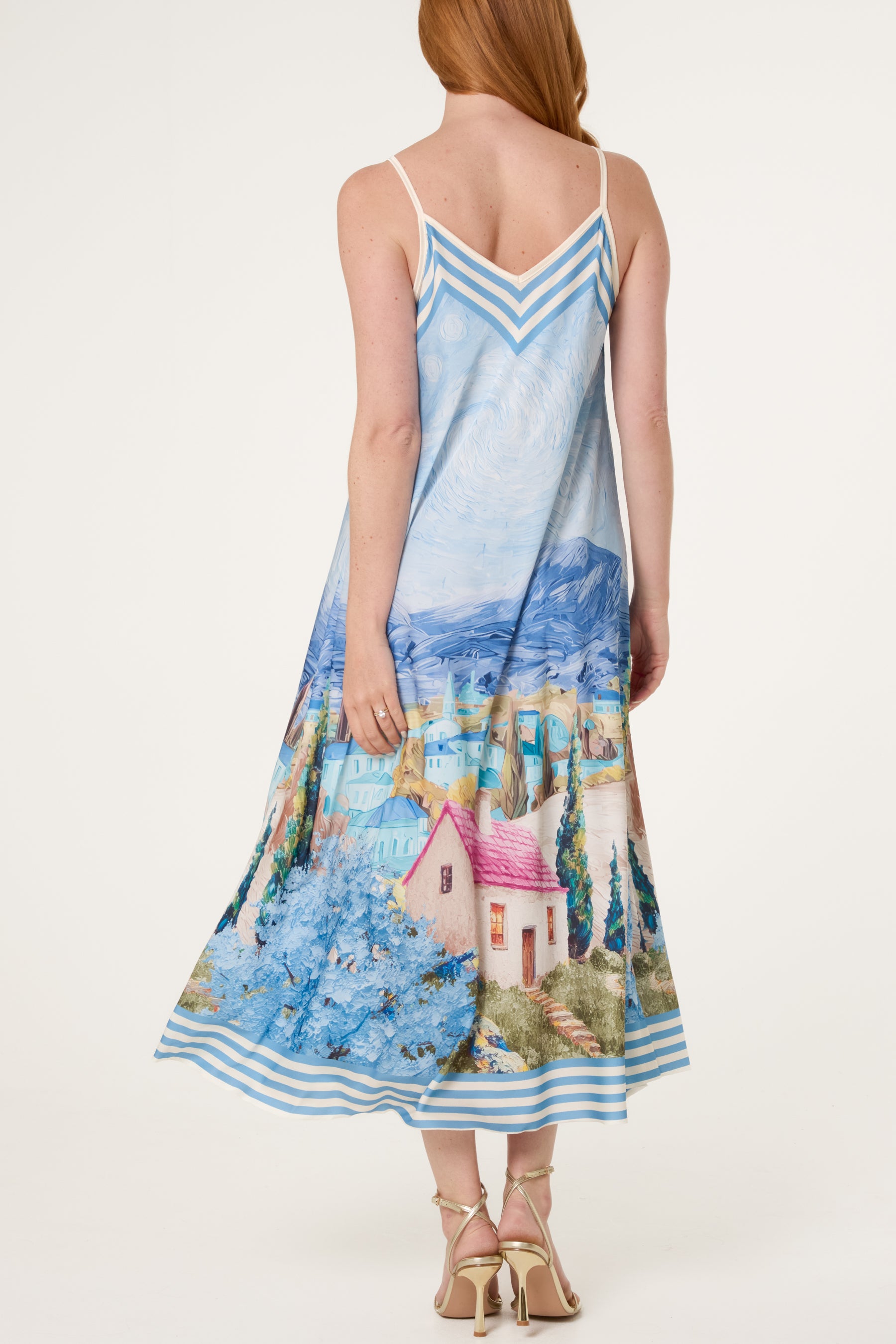 Landscape Print Satin Cami Dress