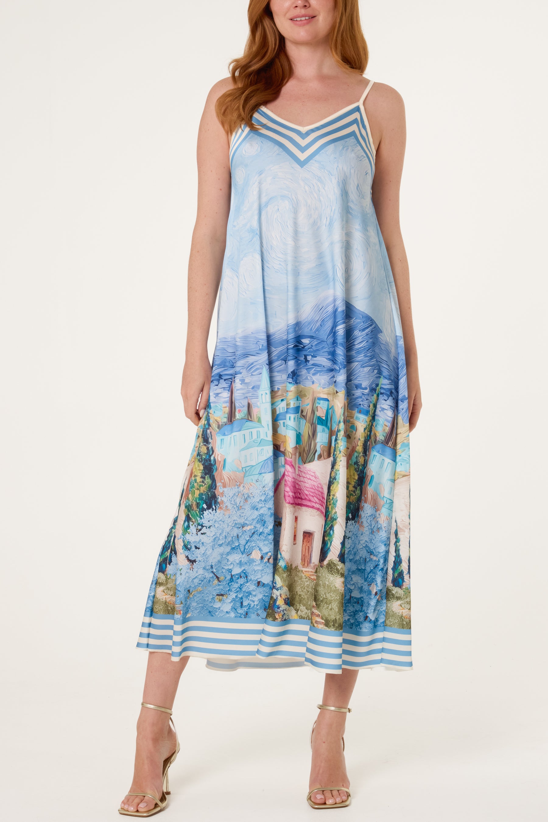 Landscape Print Satin Cami Dress
