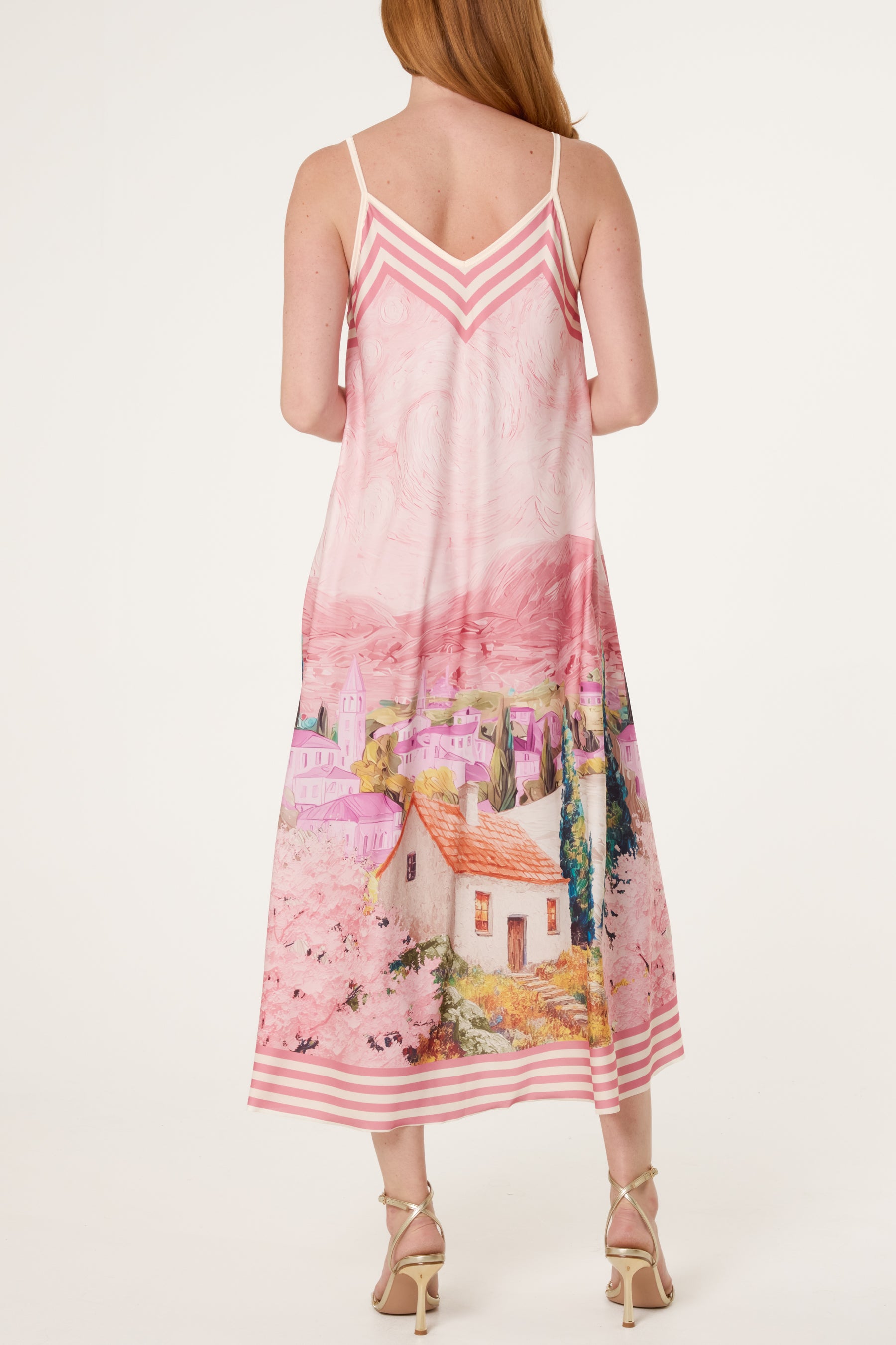 Landscape Print Satin Cami Dress