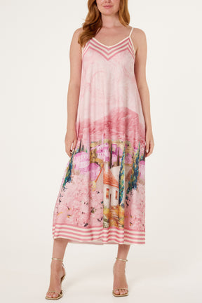 Landscape Print Satin Cami Dress