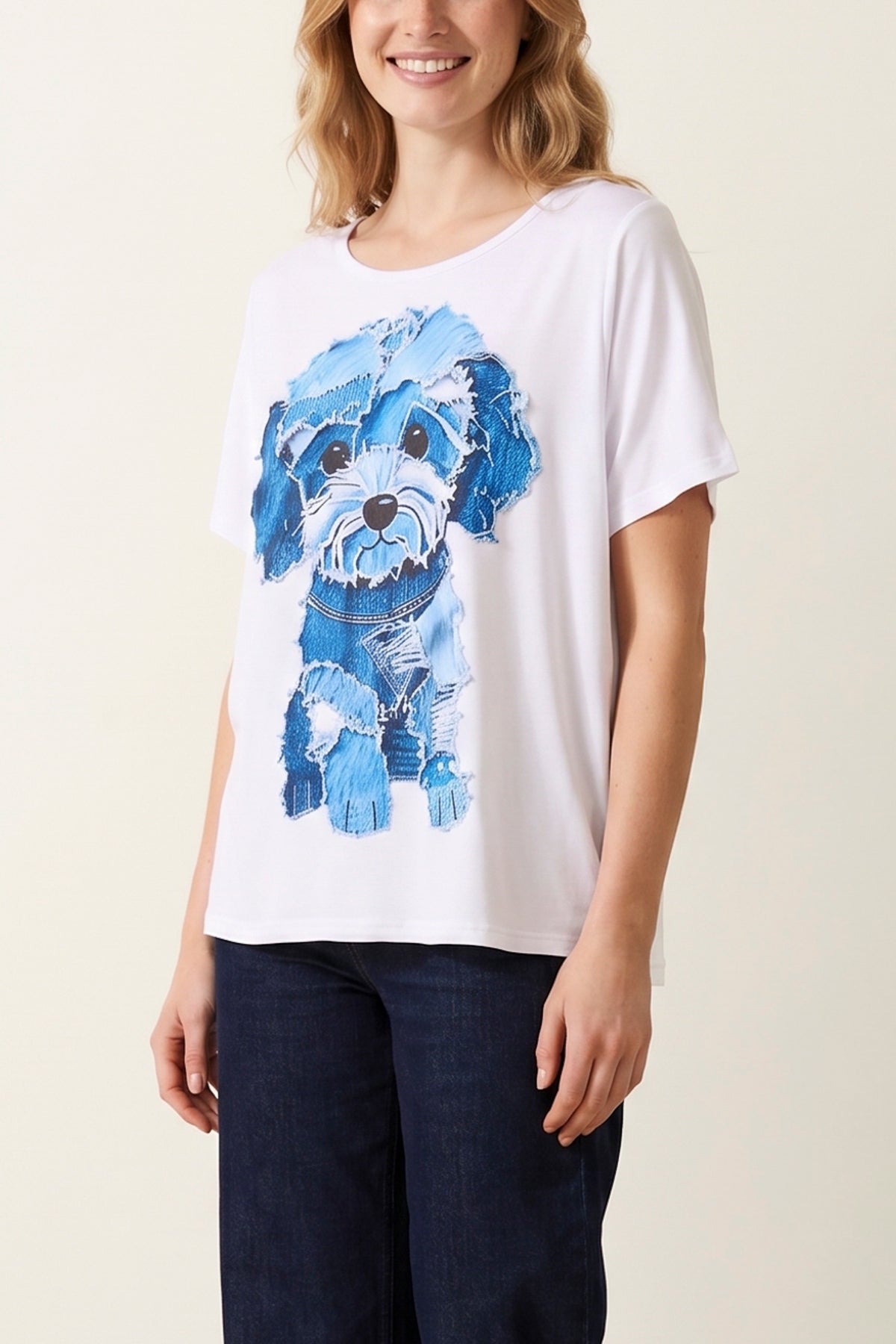 Patchwork Denim Dog Short Sleeve T-shirt