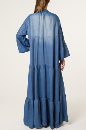 Collarless Button Through Tiered Dress