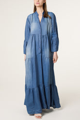 Collarless Button Through Tiered Dress