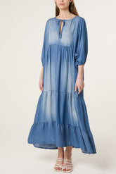 Tied Front Washed Denim Tiered Dress