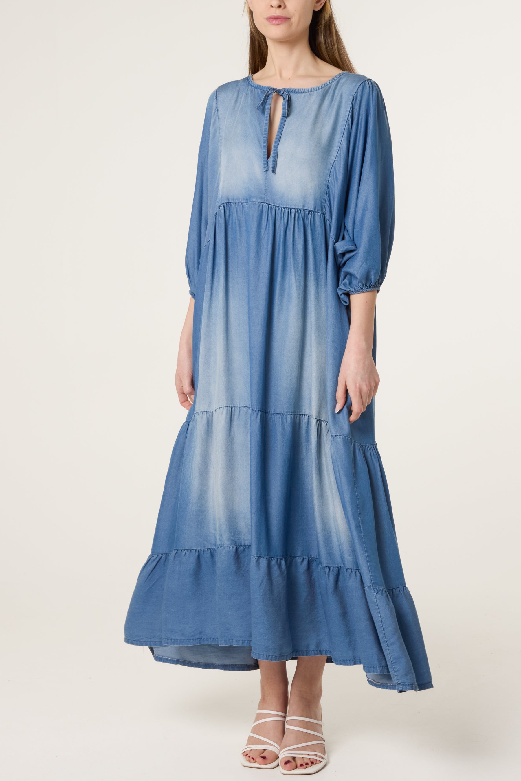 Tied Front Washed Denim Tiered Dress