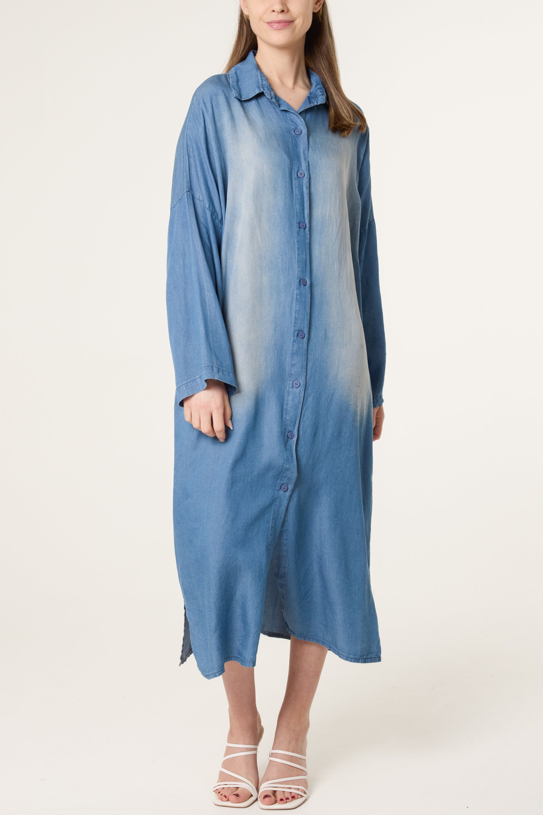 Washed Denim Long Shirt Dress