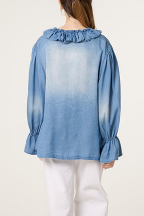 Frill V-Neck Tencel Denim Blouse