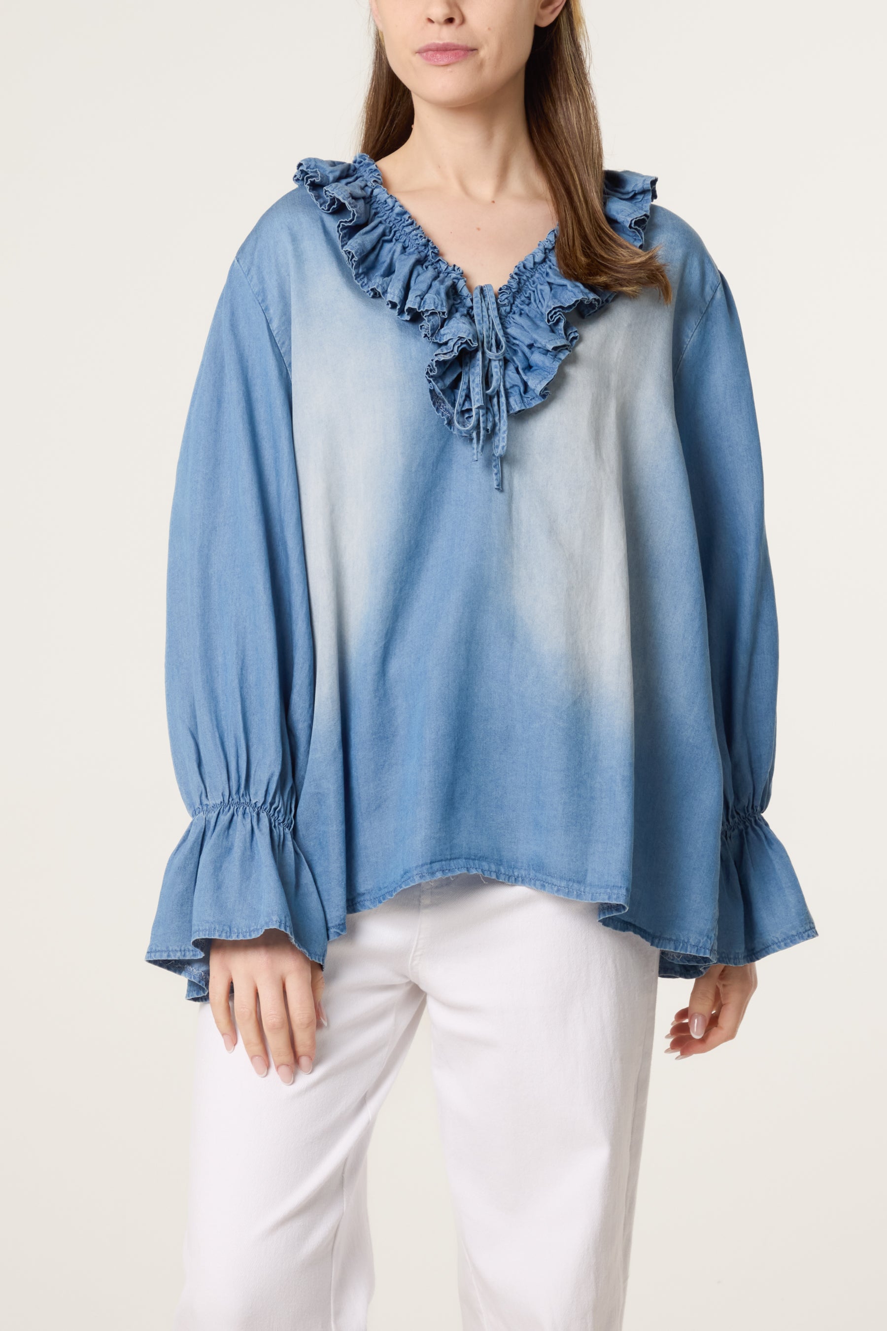 Frill V-Neck Tencel Denim Blouse