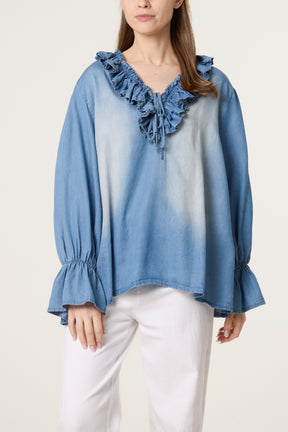 Frill V-Neck Tencel Denim Blouse