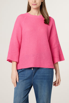 3D Knit Round Neck 3/4 Sleeve Jumper