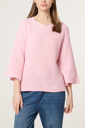 3D Knit Round Neck 3/4 Sleeve Jumper