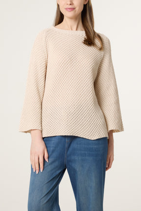 3D Knit Round Neck 3/4 Sleeve Jumper