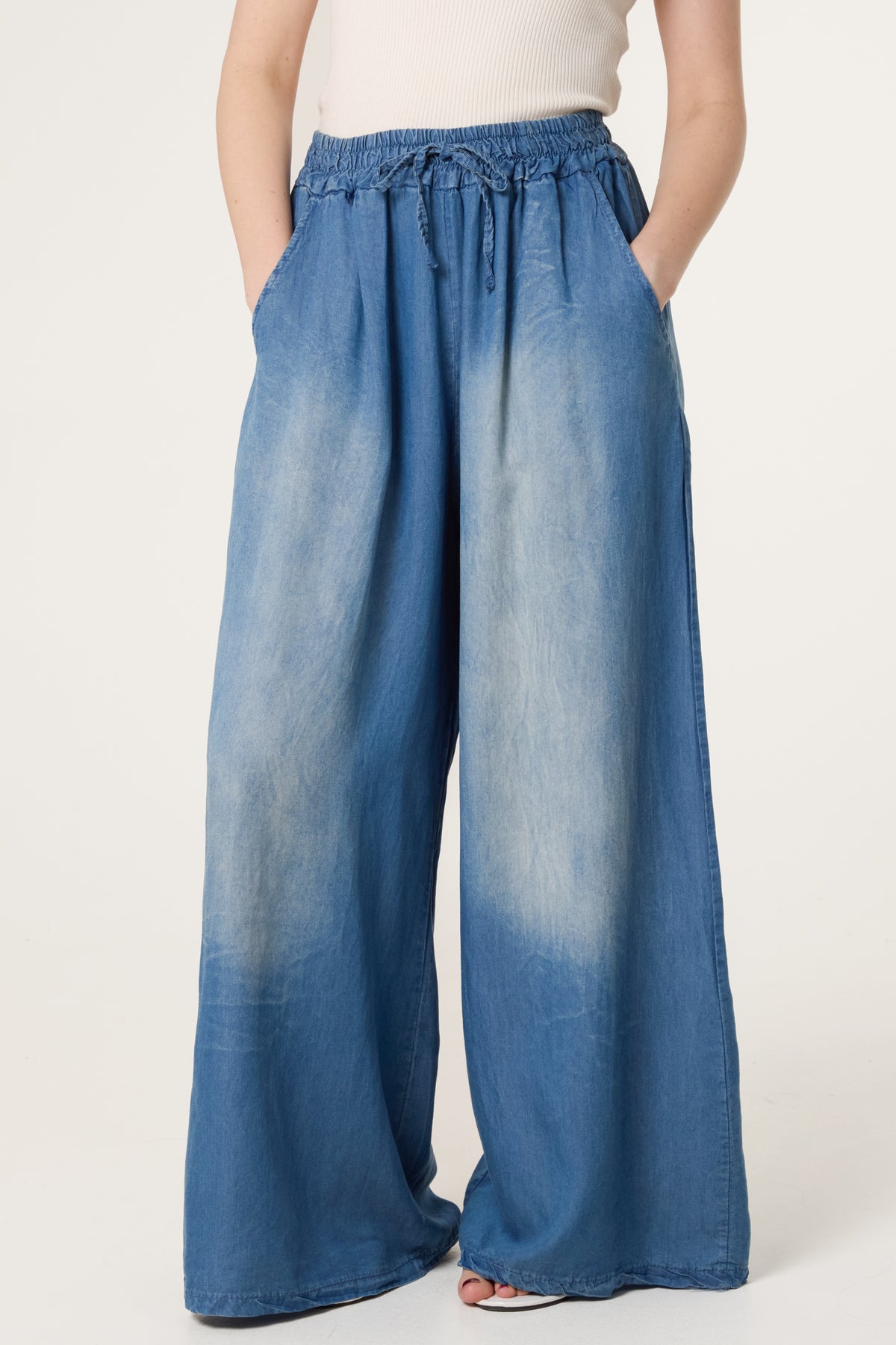 Washed Denim Wide Leg Trousers