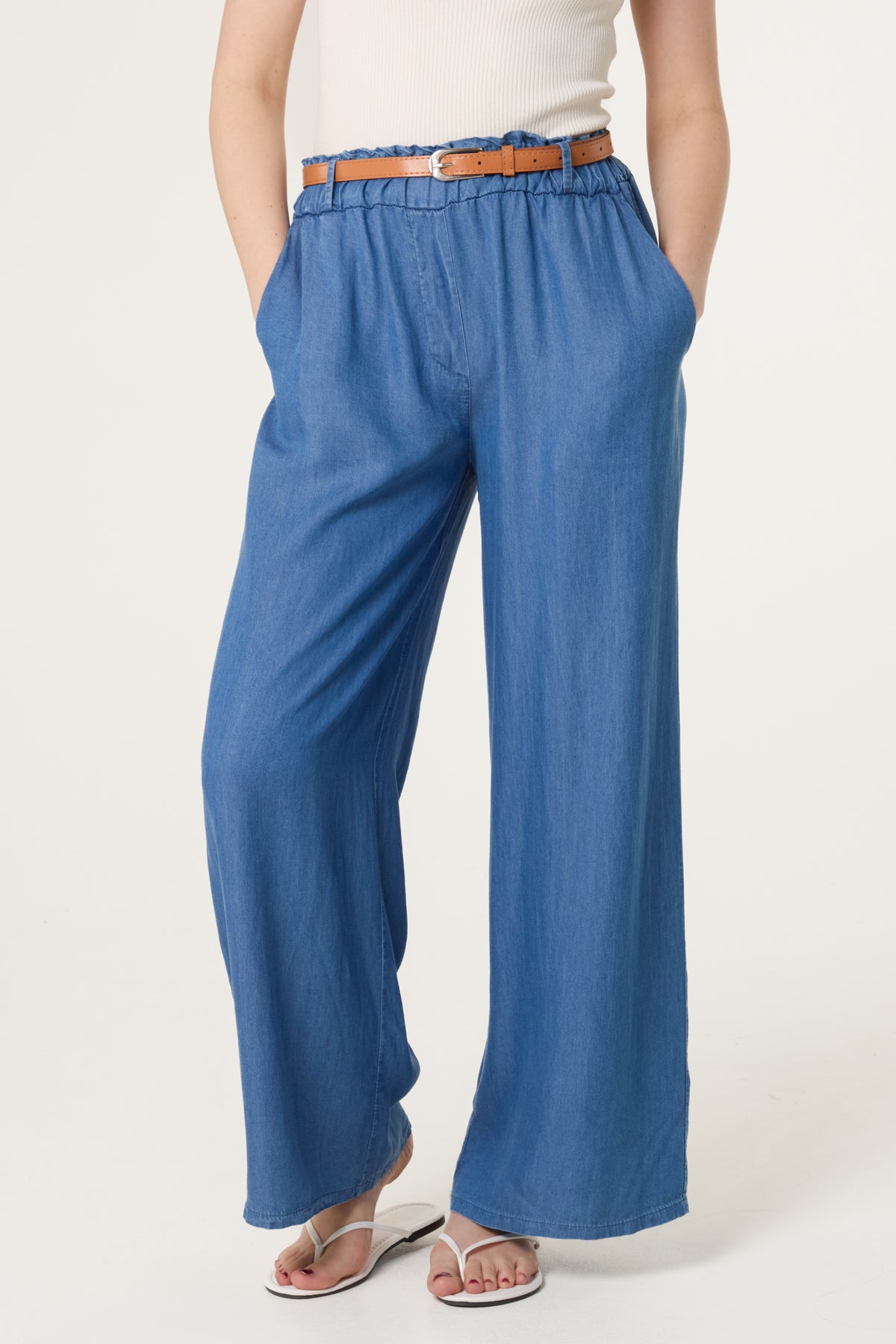 Belted Wide Leg Denim Trousers