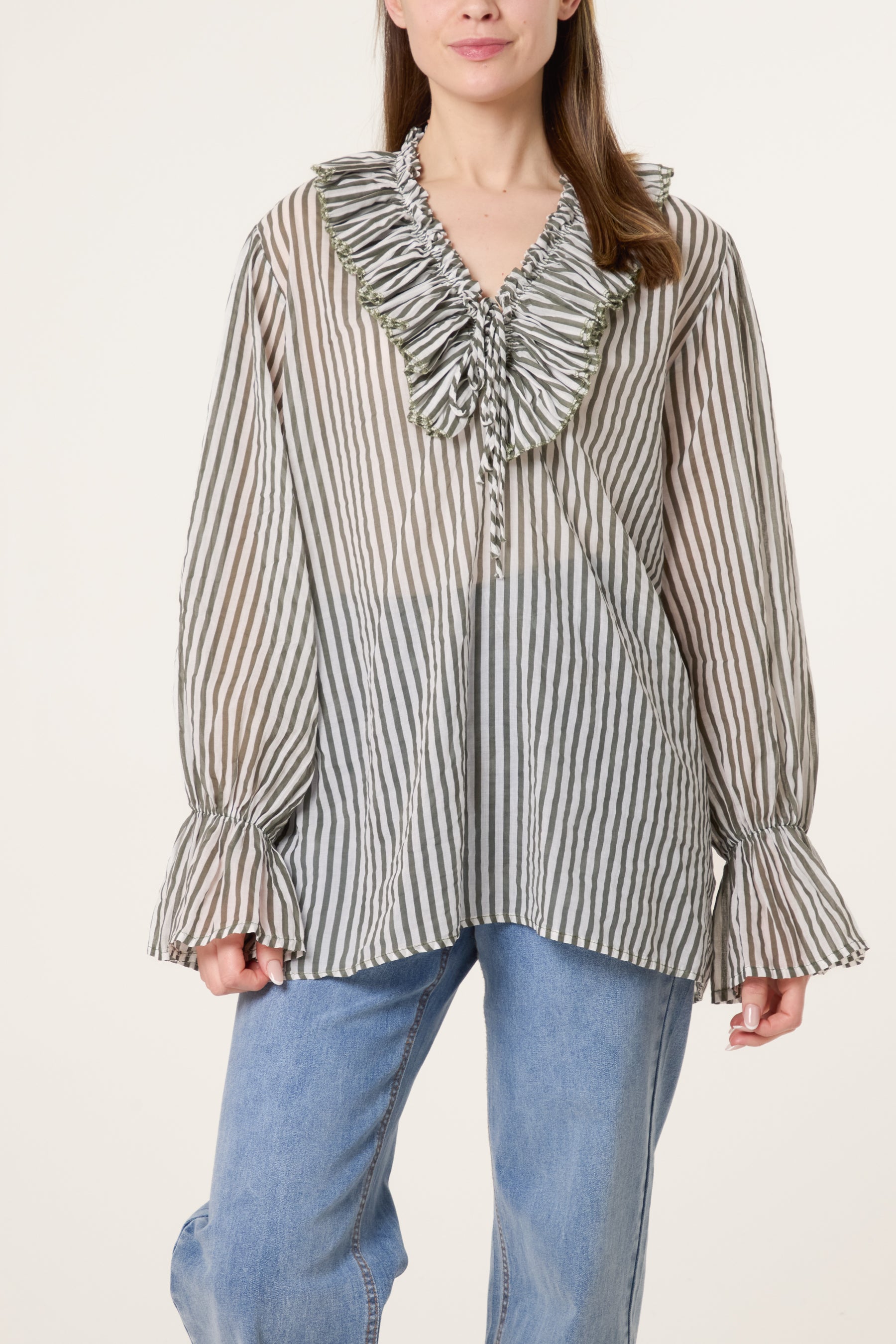 Pure Cotton Frill Striped Blouse