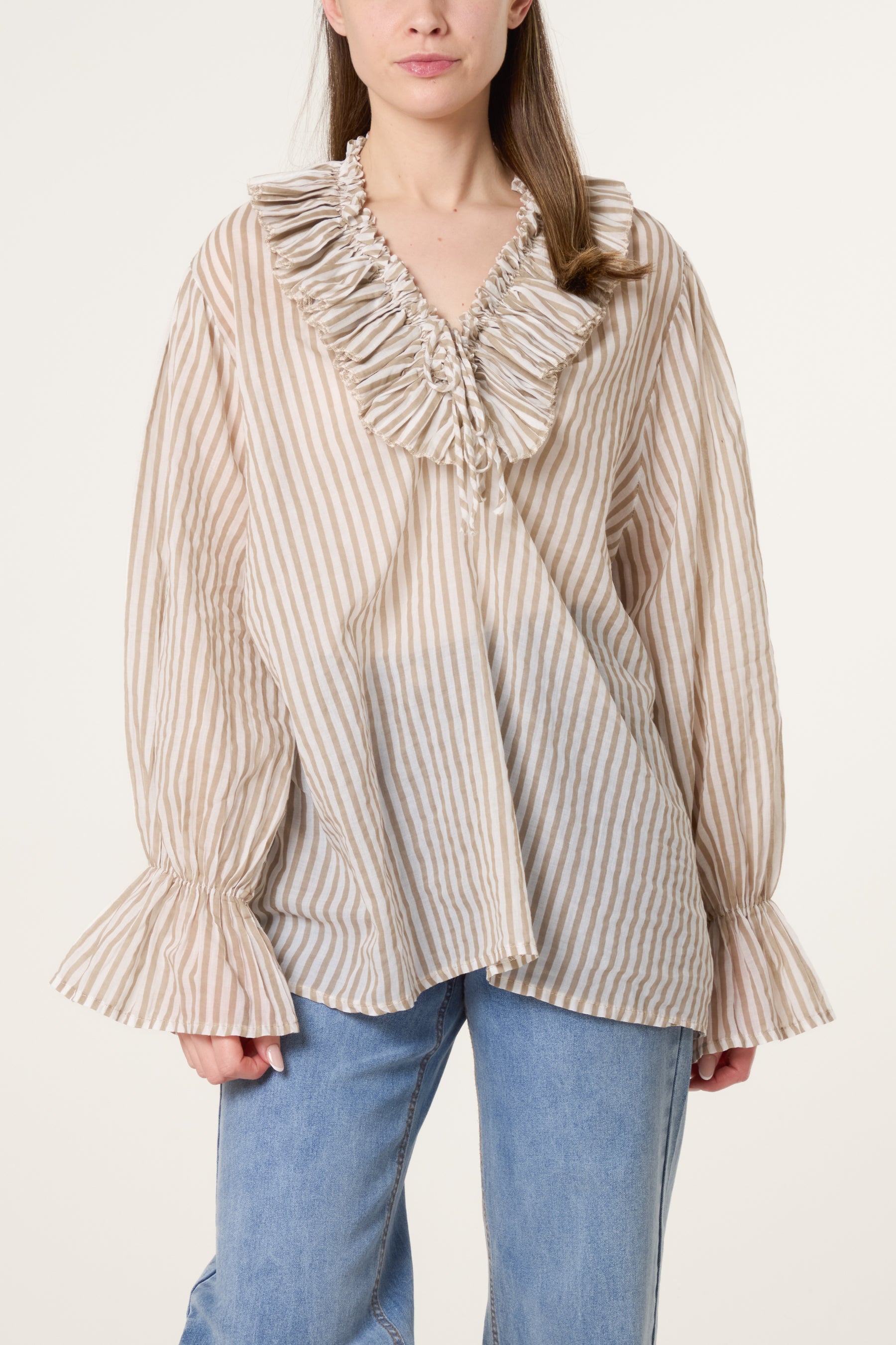 Pure Cotton Frill Striped Blouse