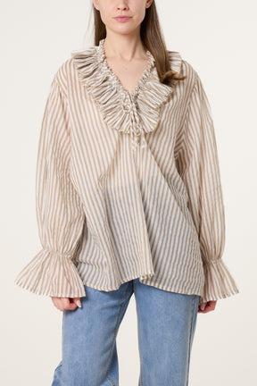 Pure Cotton Frill Striped Blouse