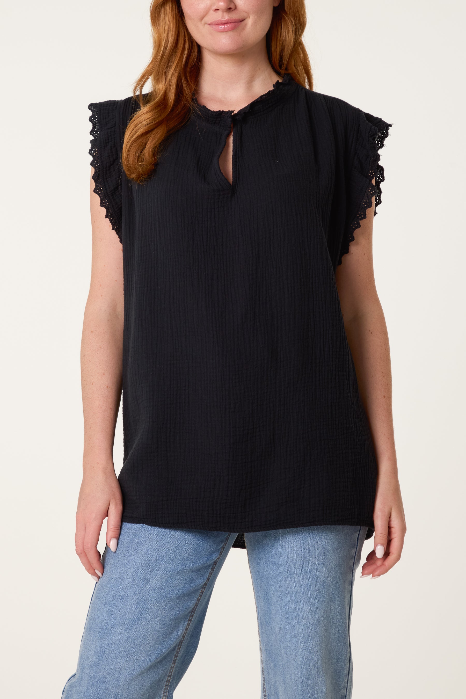 Broderie Anglaise Trim Cheesecloth Blouse