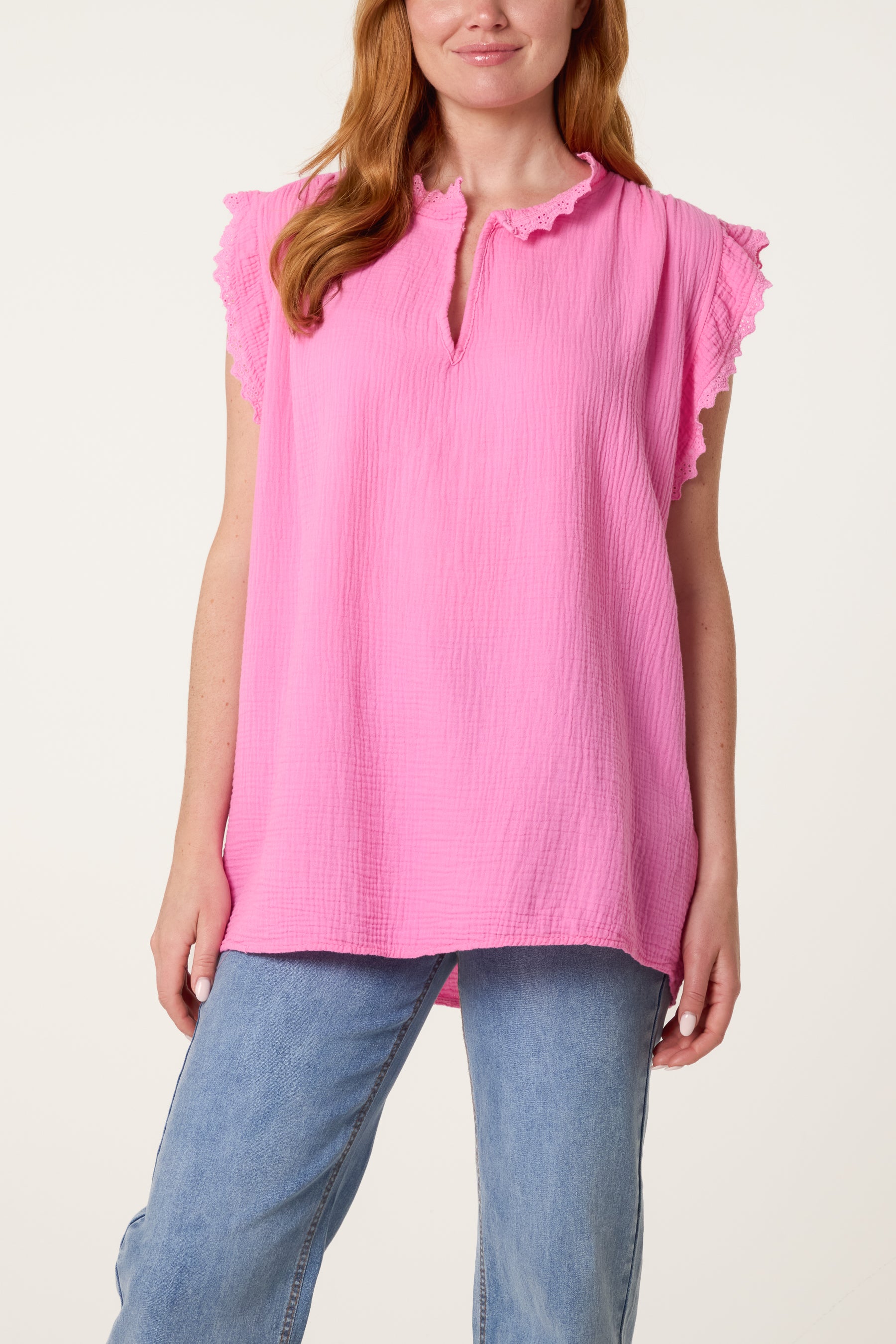 Broderie Anglaise Trim Cheesecloth Blouse