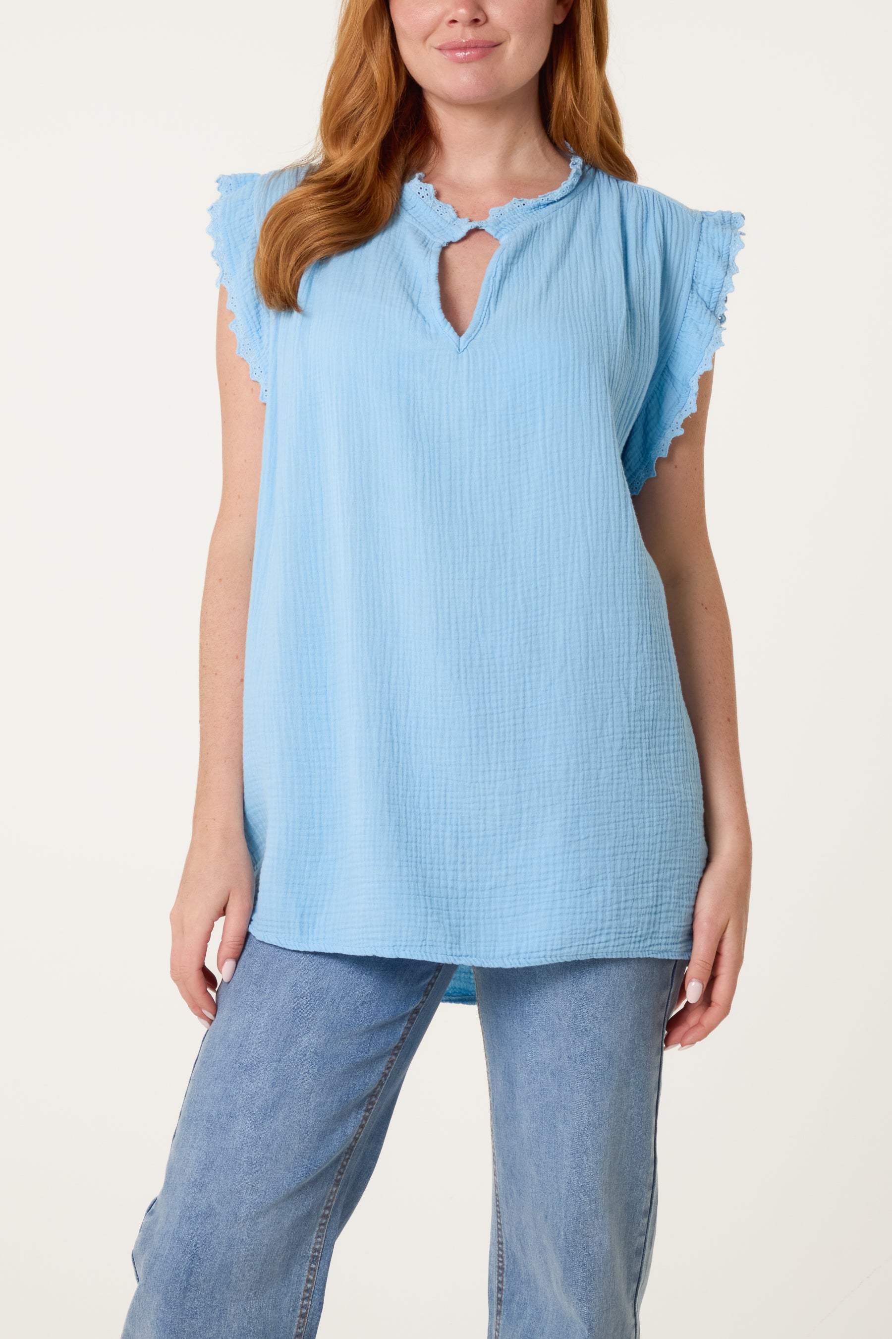 Broderie Anglaise Trim Cheesecloth Blouse