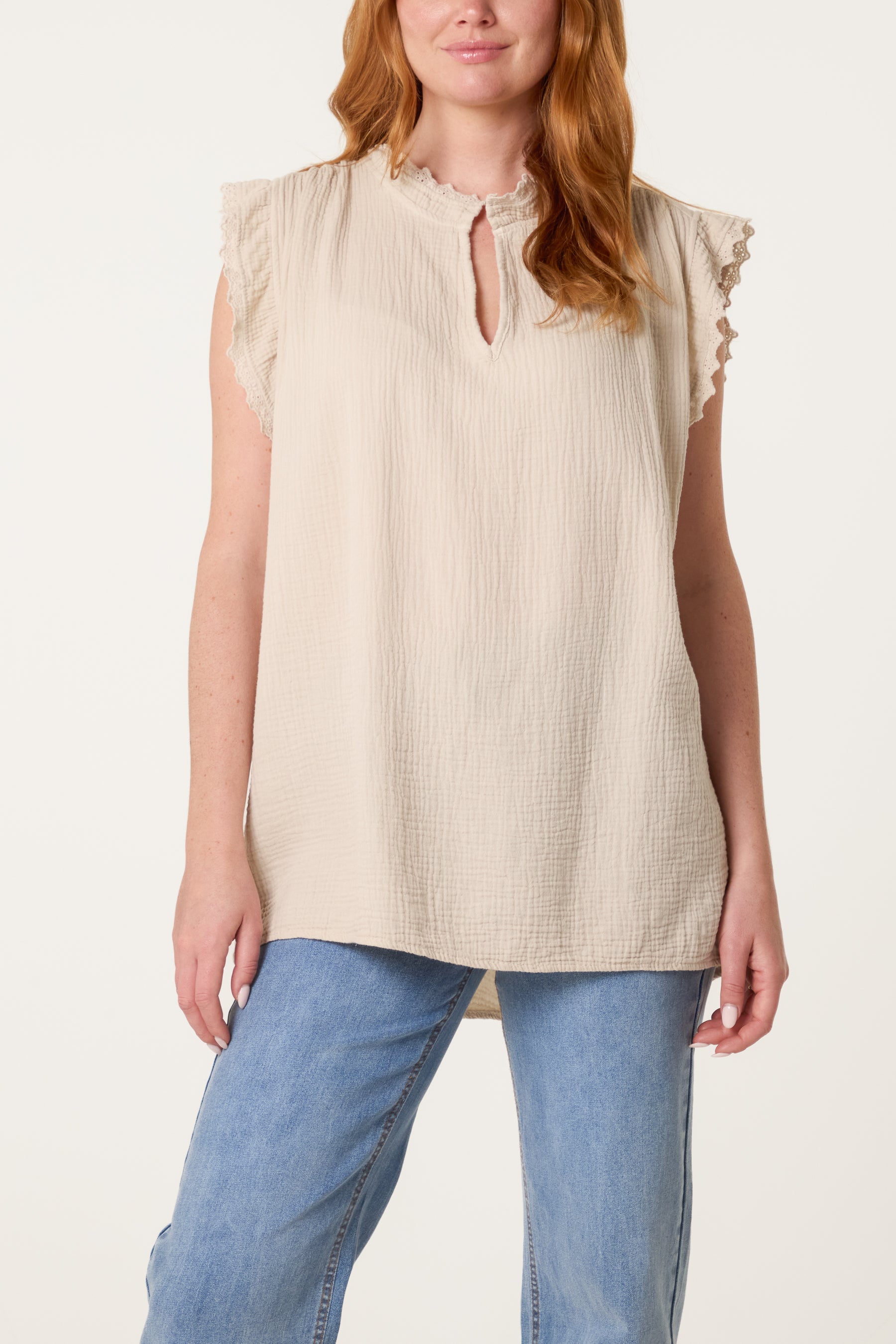 Broderie Anglaise Trim Cheesecloth Blouse