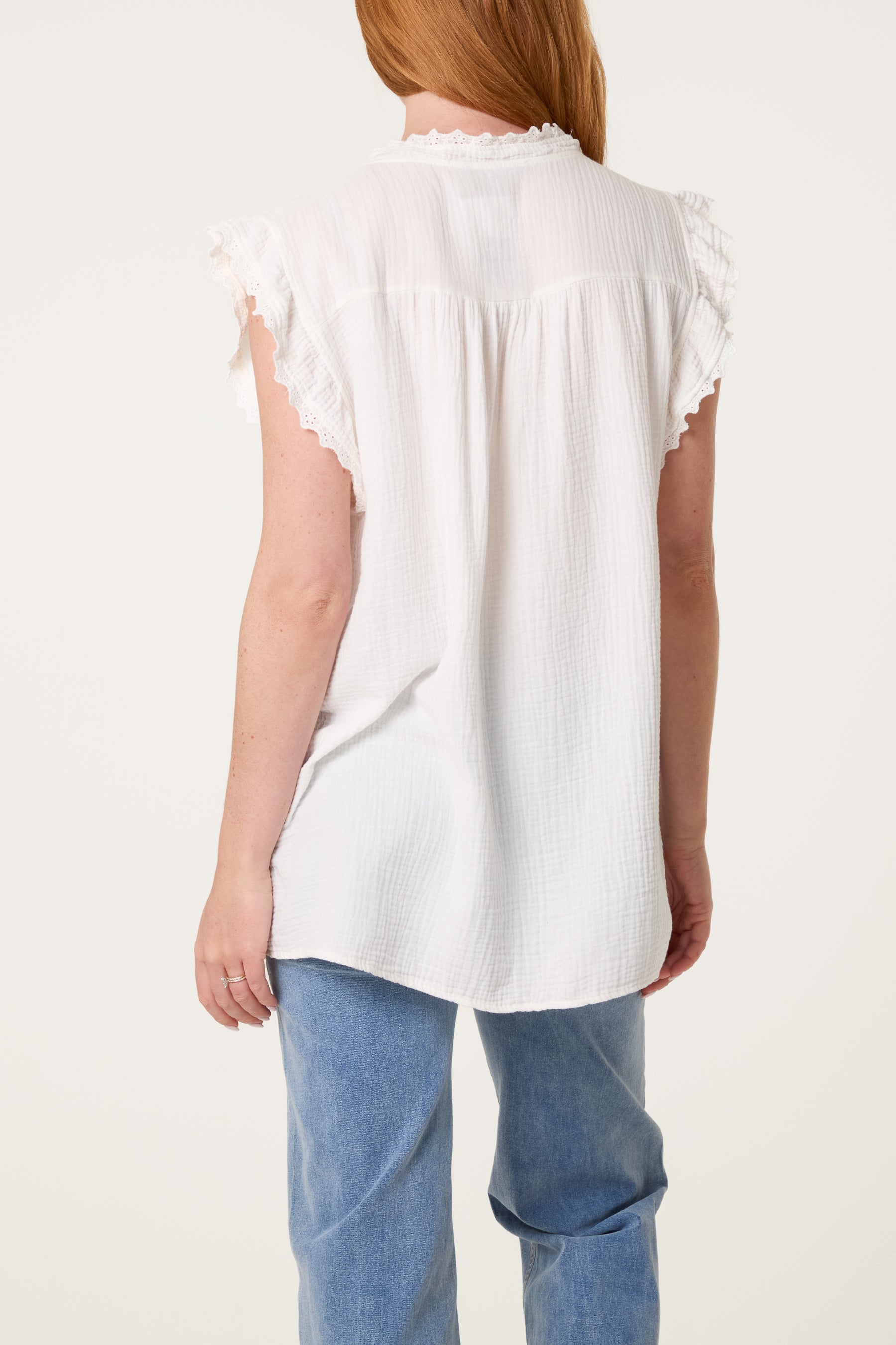 Broderie Anglaise Trim Cheesecloth Blouse