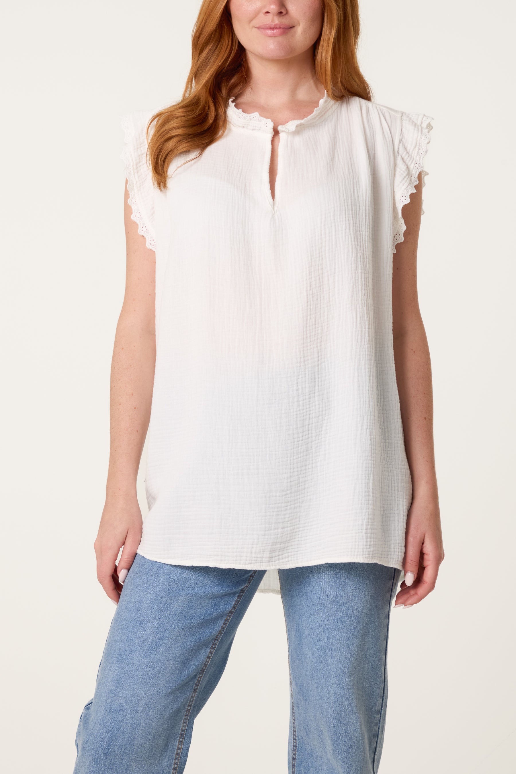 Broderie Anglaise Trim Cheesecloth Blouse