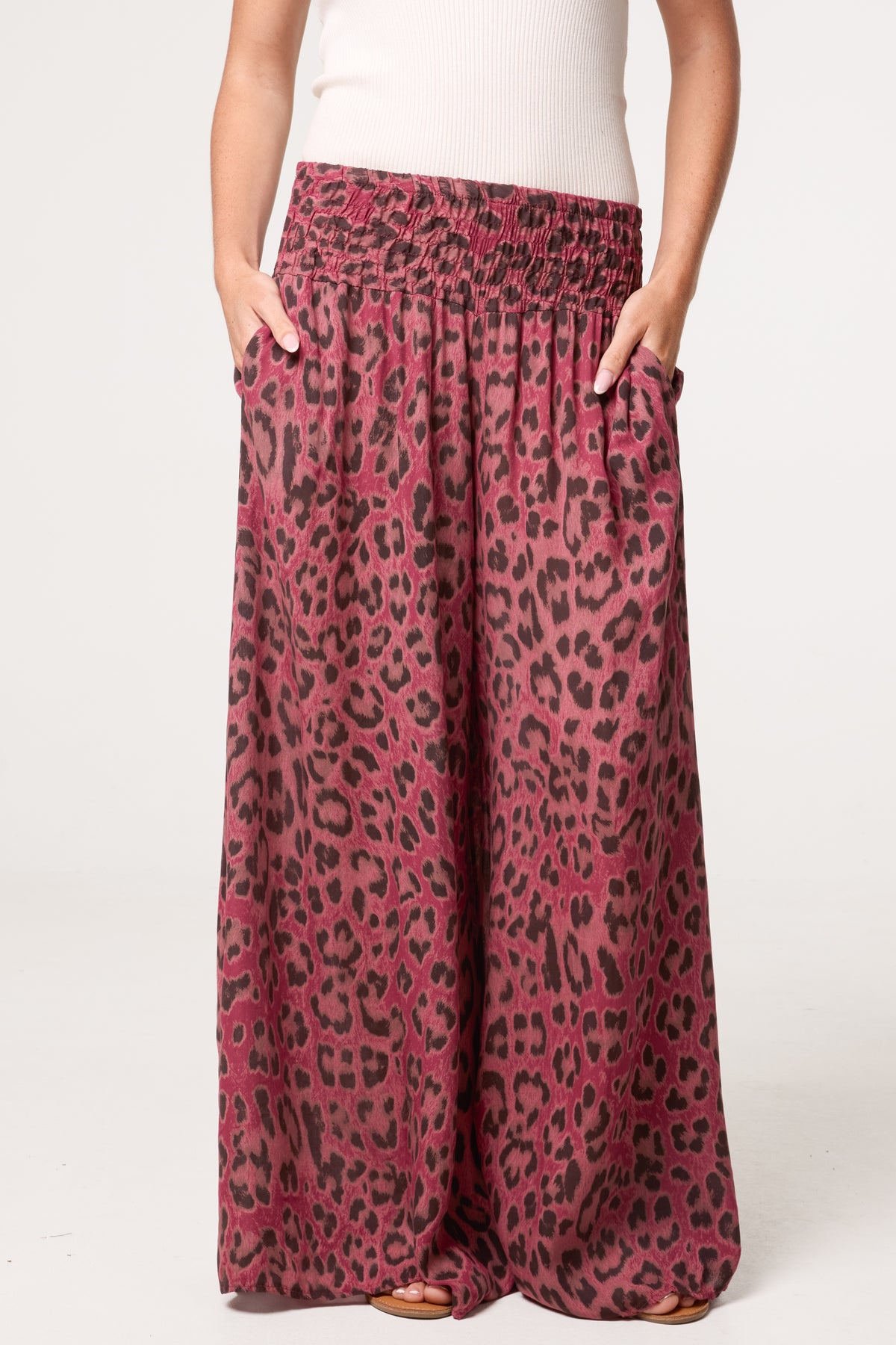 Leopard Print Elastic Wide Leg Trousers