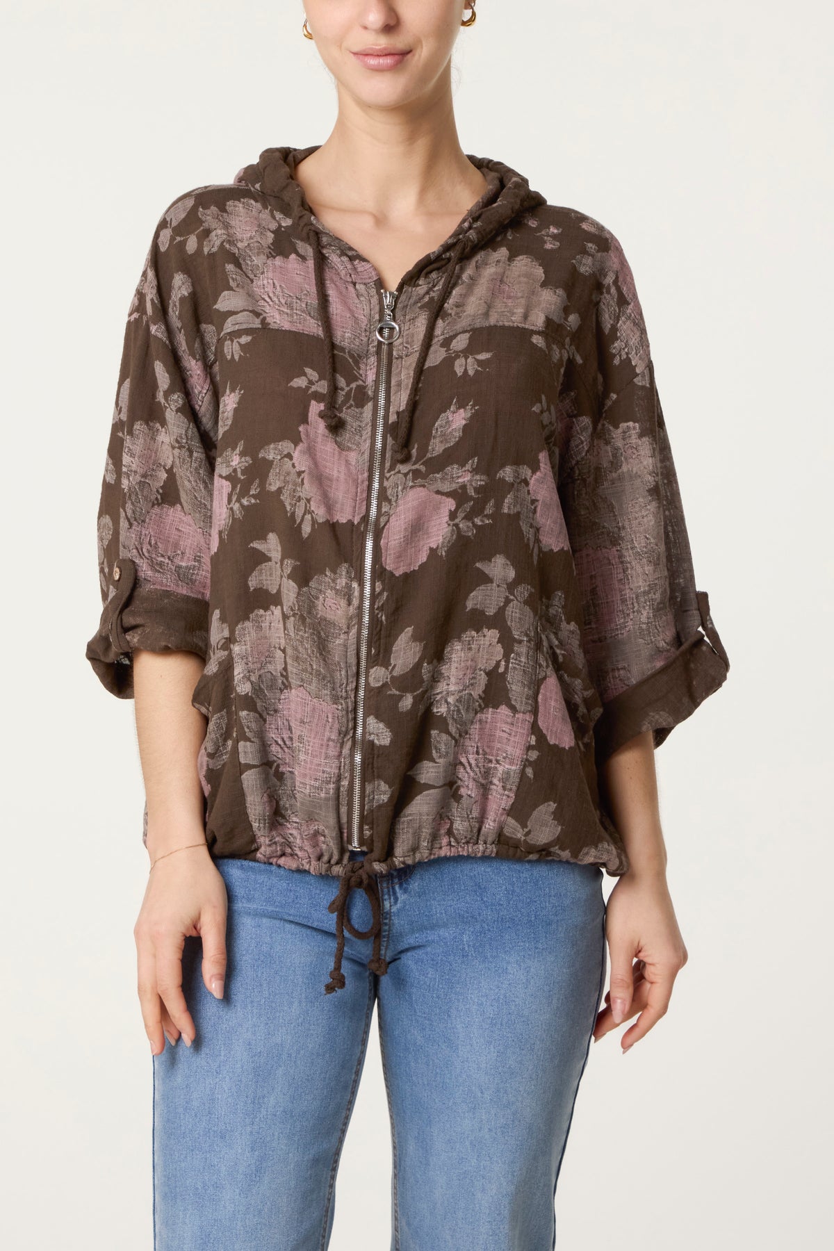 Roses Print Cotton Hooded Top