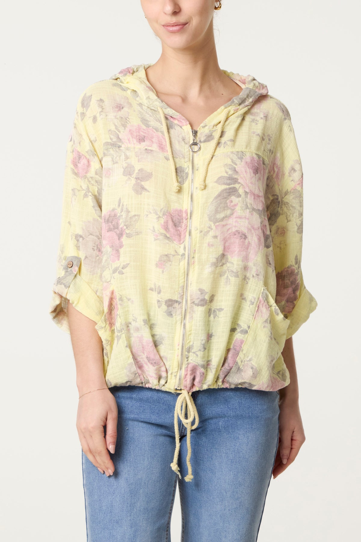 Roses Print Cotton Hooded Top