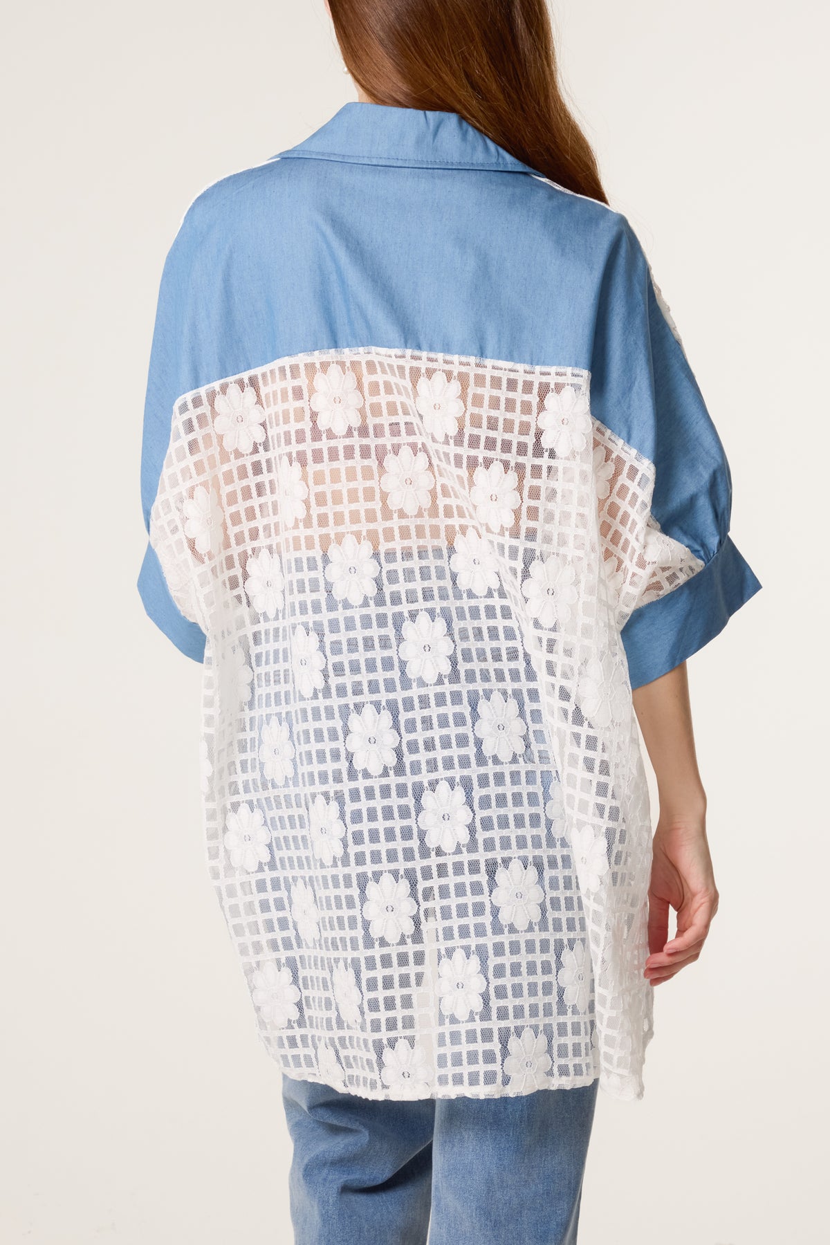 Floral Lace Shirt with Denim Details