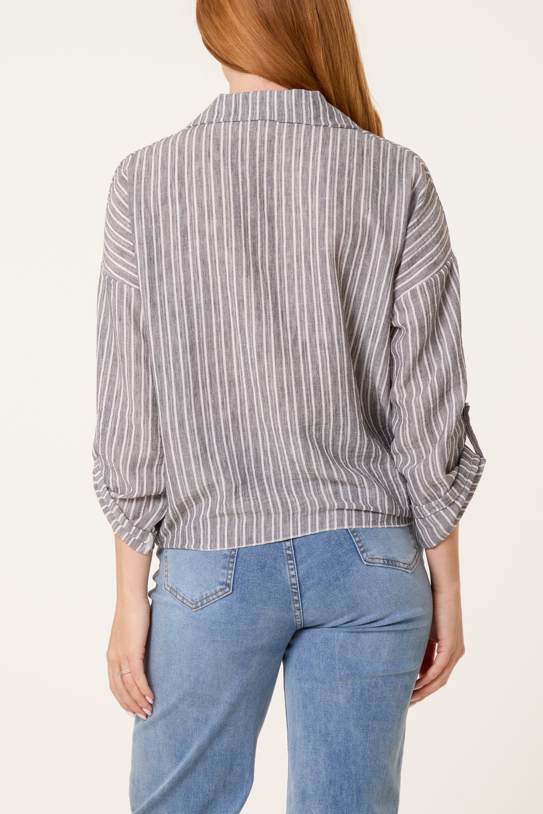 Cotton Blend Front Knot Striped Shirt