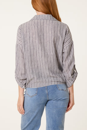 Cotton Blend Front Knot Striped Shirt