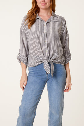 Cotton Blend Front Knot Striped Shirt