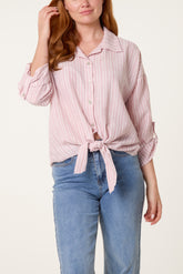 Cotton Blend Front Knot Striped Shirt