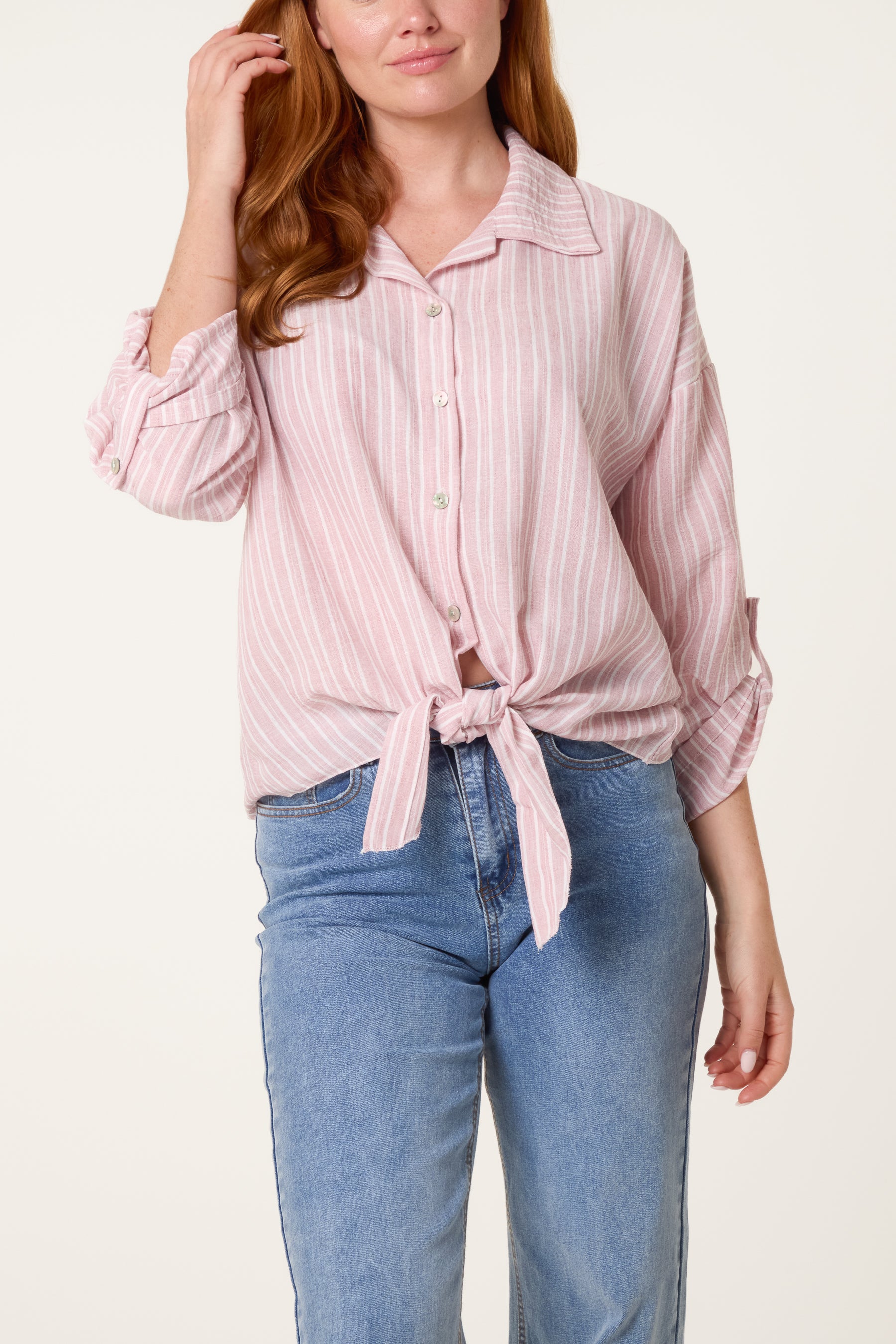 Cotton Blend Front Knot Striped Shirt